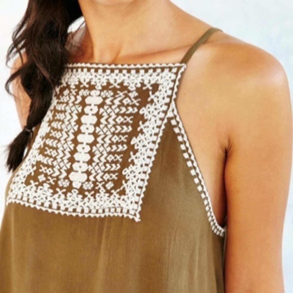 Urban Outfitters Embroidered Olive Green Tank with Open Back- Medium
